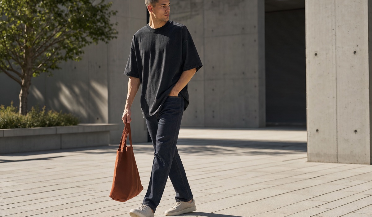 Koszulka oversize z opuszczonymi ramionami w miejskiej stylizacji streetwear