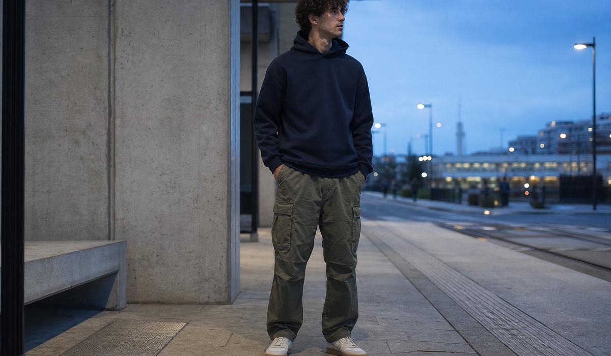 Stylizacja streetwear z bluzą relaxed fit i spodniami cargo