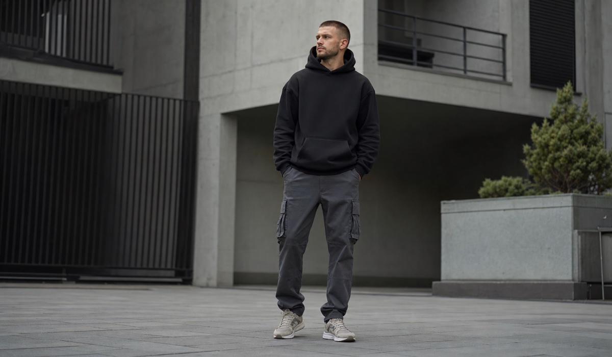 Mann in graphitfarbenen Cargohosen im urbanen Streetwear-Look