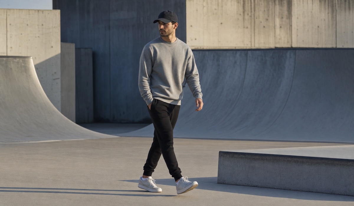 Mann in Joggern im Skatepark