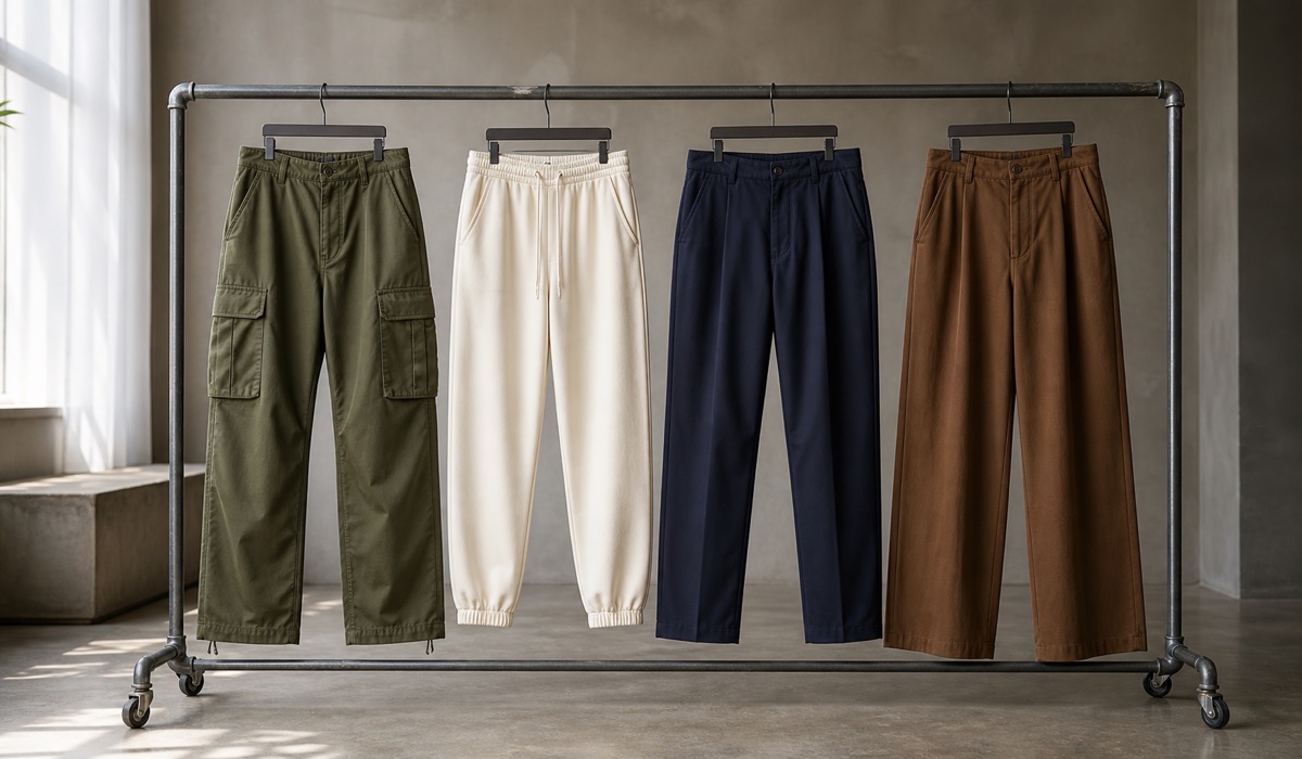 Streetwear-Look mit geraden Hosen an urbanen Geländern
