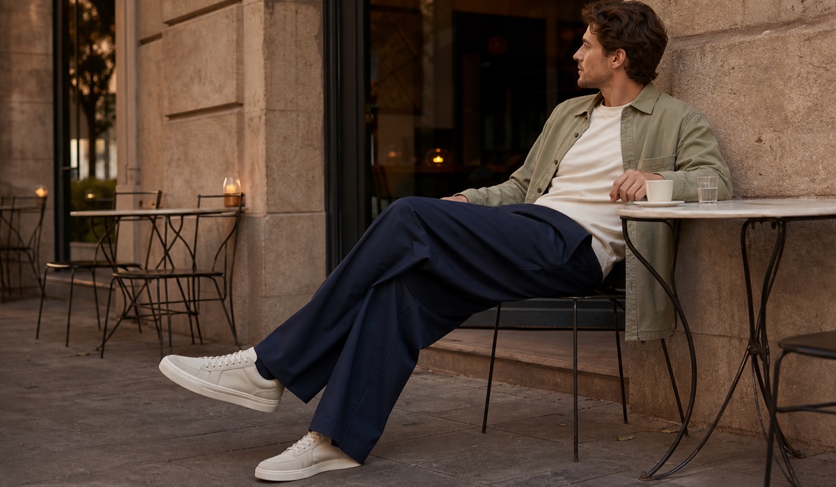 Mann in weiten Hosen in einem modernen Café
