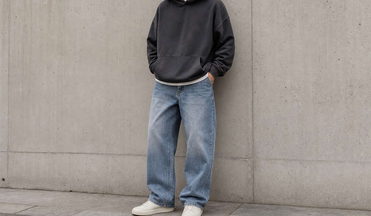 Details eines Streetwear-Looks mit graphitfarbenem Hoodie, Denim und schlichten Sneakern