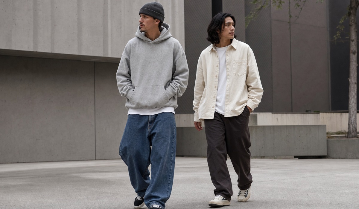 Streetwear-Look mit hellem Oversize-Oberteil und weitem Denim im Betonhof