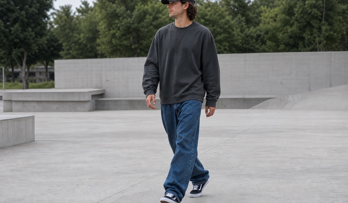 Streetwear-Formel mit Hoodie, weitem Denim, Sneakers und Cap
