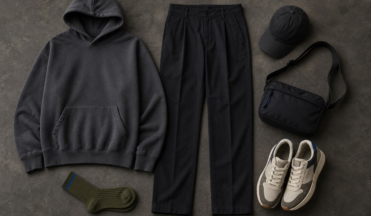 Flatlay eines Streetwear-Outfits mit Kleidungsstücken, Sneakers und Accessoires