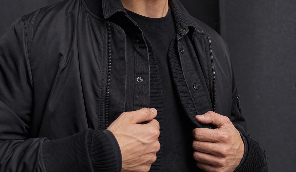 Close detail of black layers with ribbed knit and a matte jacket