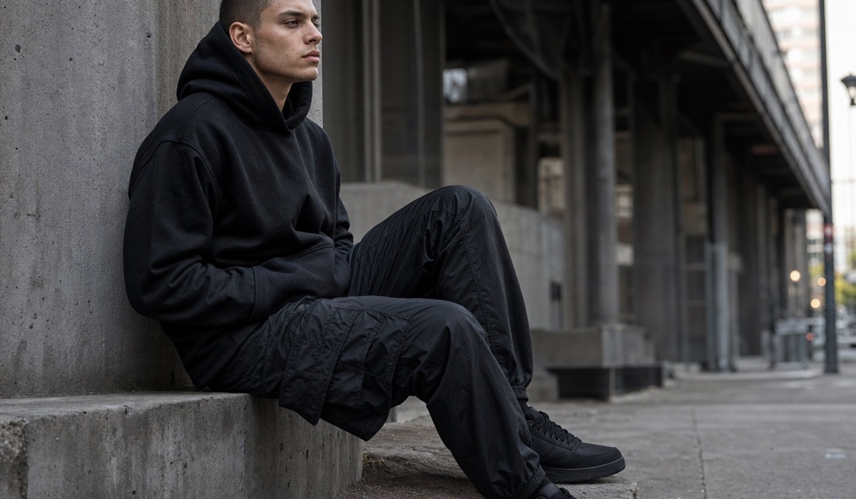 Black hoodie with nylon cargo trousers and matte sneakers
