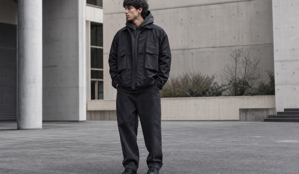Layered total black streetwear outfit in an urban courtyard