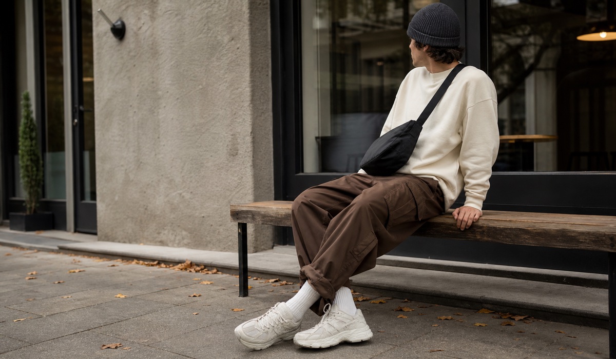 Sneaker, Beanie und Crossbody-Bag als Streetwear-Details im Herbst