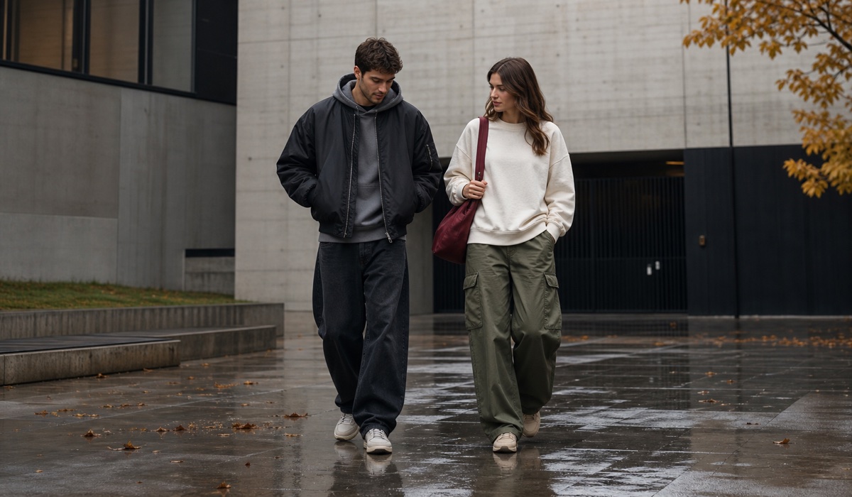 Streetwear-Herbstlook mit Wide-Leg-Jeans und Bomberjacke