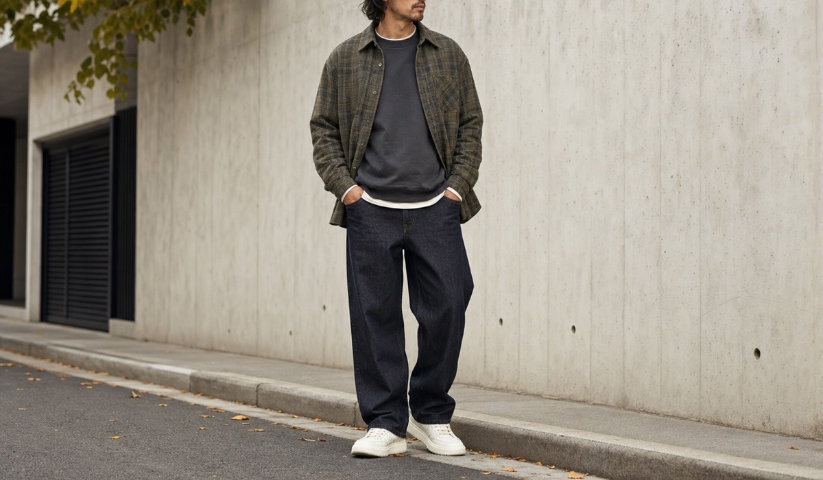 Streetwear-Layering mit Sweatshirt und Flanellhemd