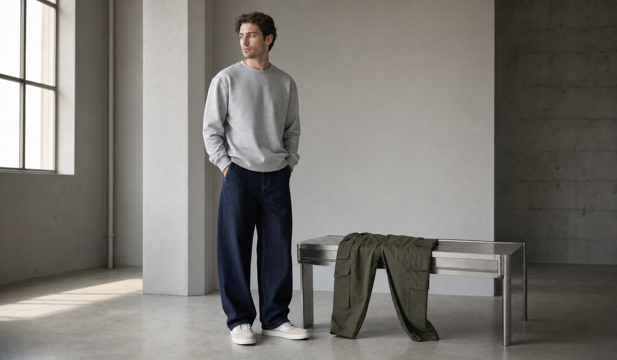 Wide-Leg-Jeans und olivfarbene Cargos für die Streetwear-Basis