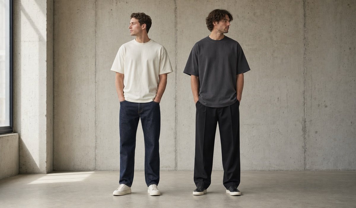 Porównanie klasycznego i oversize męskiego T-shirtu na dorosłych modelach