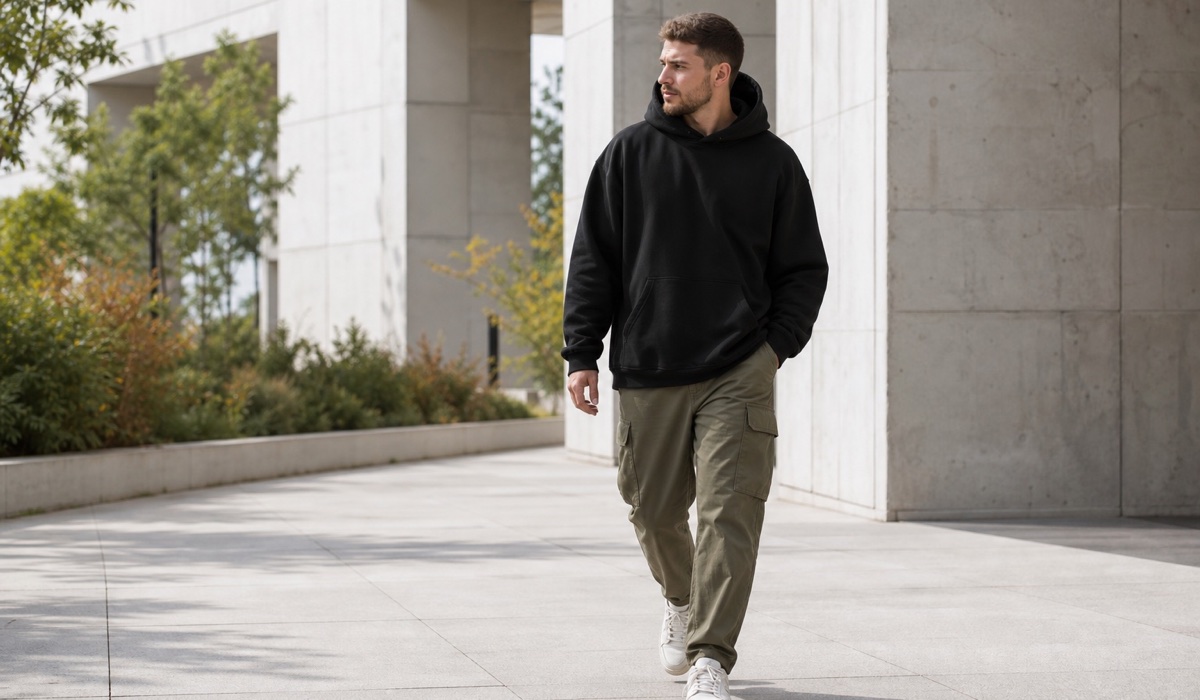 Streetwear-Look mit Hoodie, Cargohose und Sneakers im urbanen Umfeld