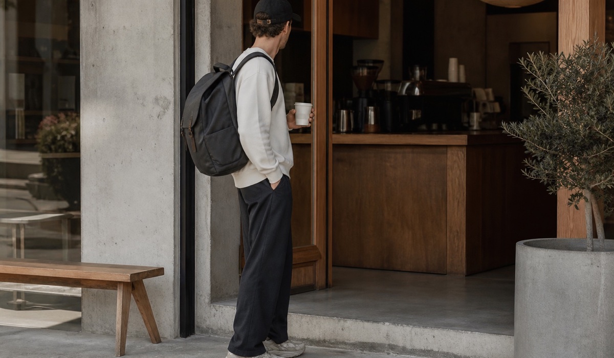 Zurückhaltener Streetwear-Look mit Rucksack, Cap und Sneakers