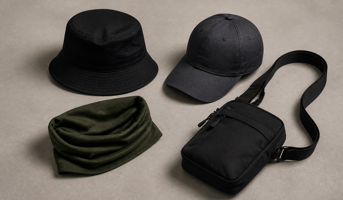 Bucket hat, cap, buff and crossbody bag in a streetwear selection