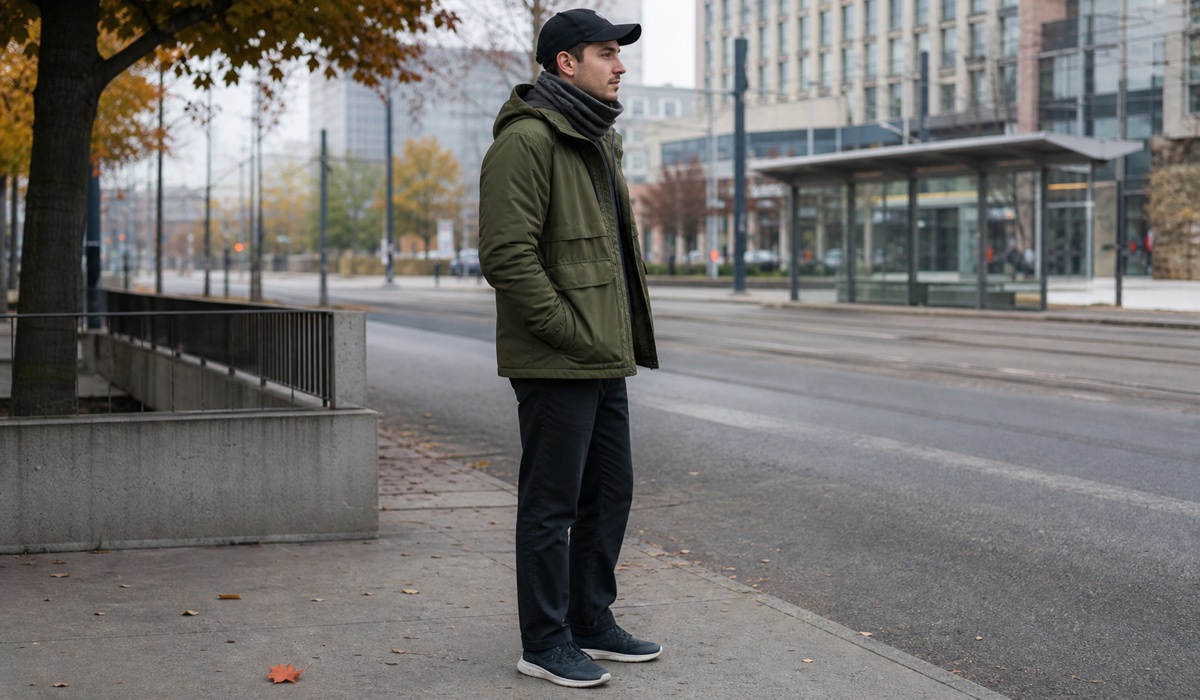 Autumn streetwear look with a buff, baseball cap and utility jacket