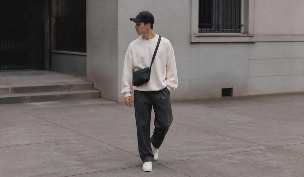 Adult man in a cap with a crossbody bag on a city street