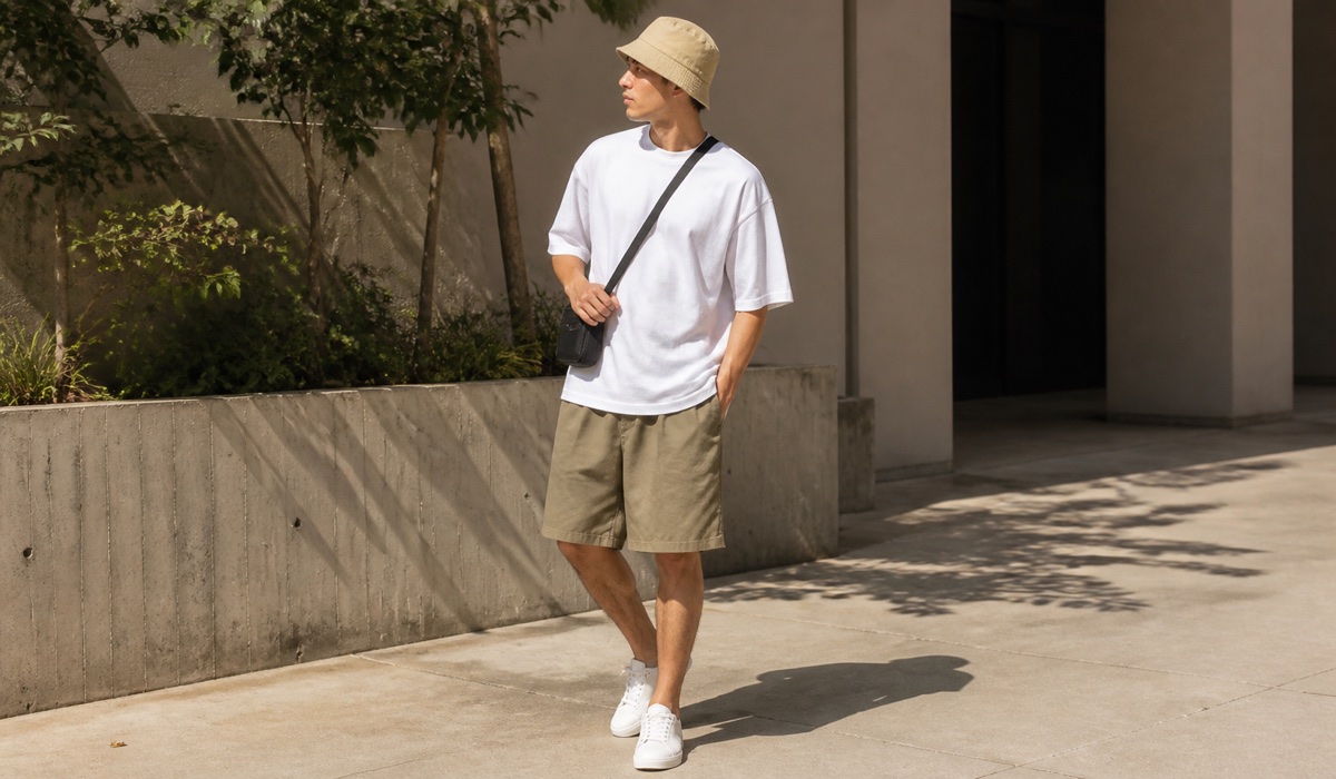 Summer streetwear look with a bucket hat, T-shirt and compact bag