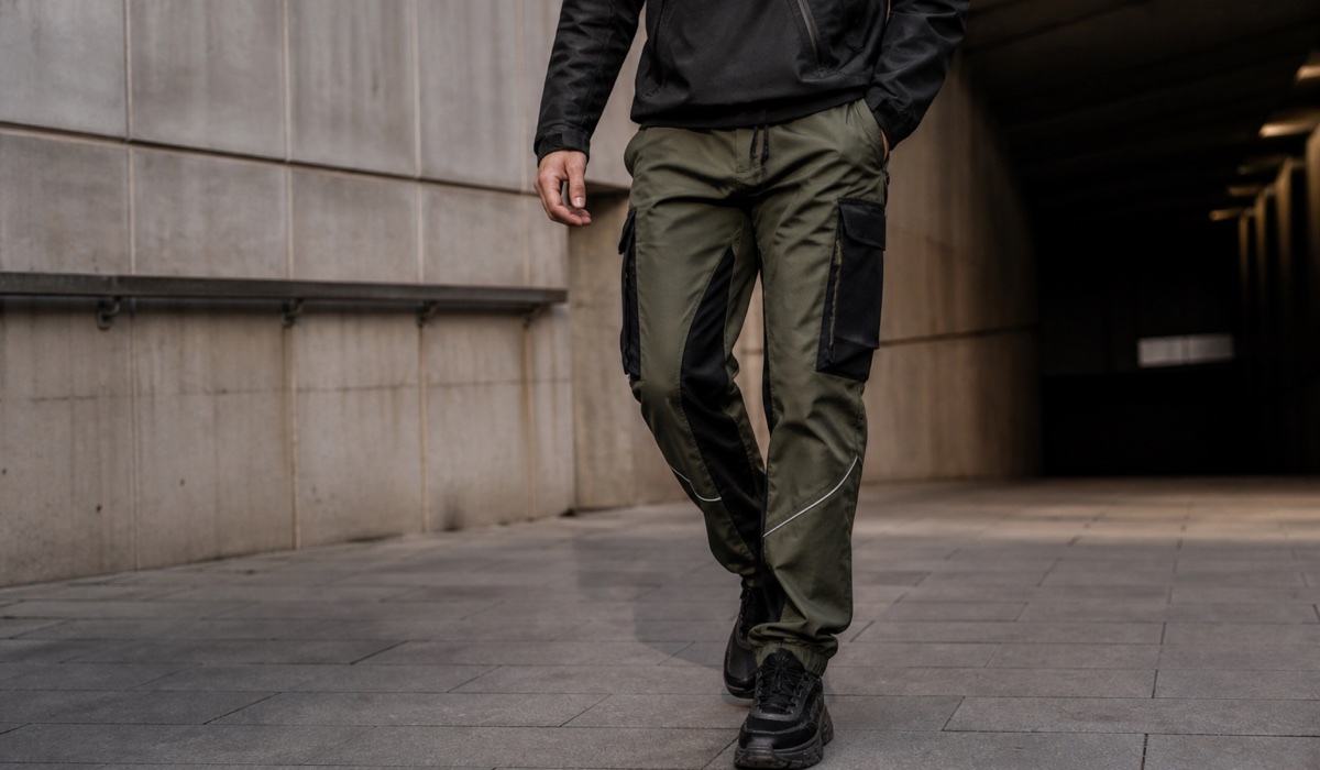 Miejska stylizacja techwear ze spodniami cargo, odblaskowymi detalami i sneakersami