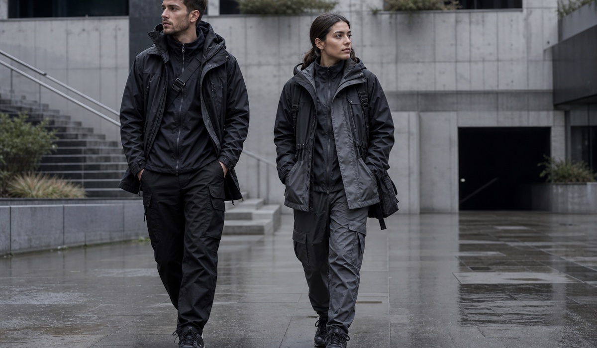 Stylizacja techwear w mieście z funkcjonalnymi warstwami i stonowaną paletą