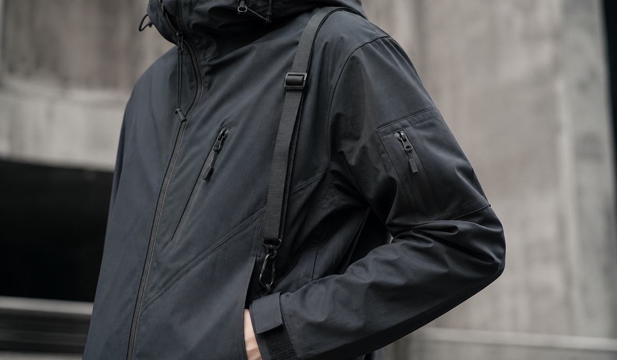Detale kurtki techwear: wodoodporny materiał, zamki, taśmy i kieszenie