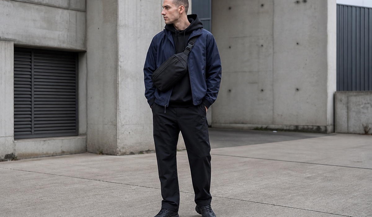 Warstwowa stylizacja techwear z lekką kurtką, bluzą z kapturem i funkcjonalną torbą