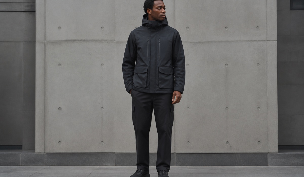Minimalistyczny zestaw techwear w graficie i czerni na neutralnym miejskim tle