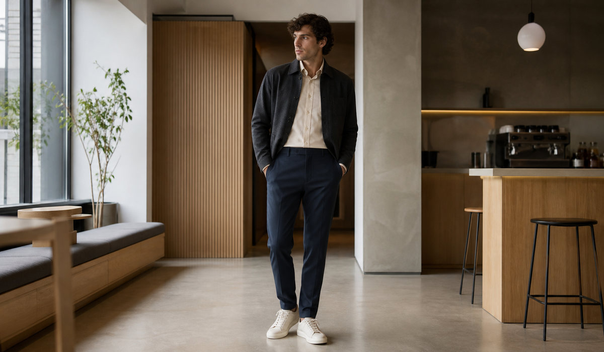 Graphitfarbene, schmal zulaufende Hose mit Sneakers für einen urbanen Look