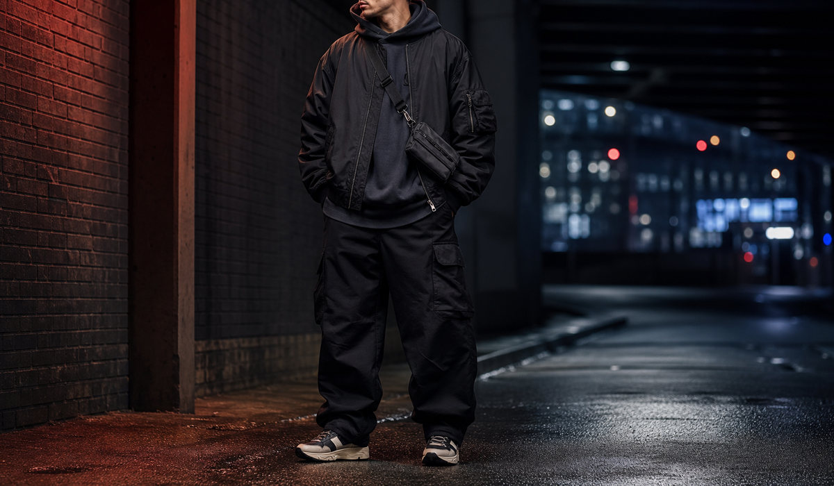 Streetwear-Look mit einer weiten, schwarzen Cargohose und einem Oversized-Hoodie