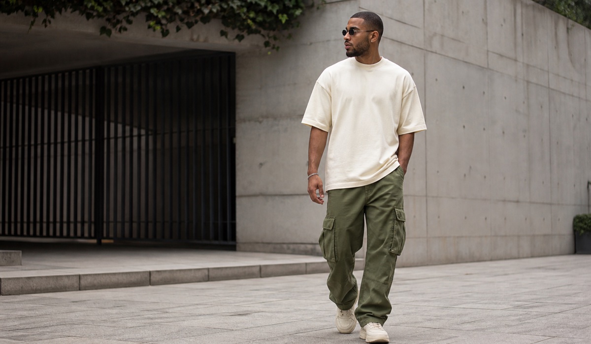 Streetwear-образ із кремовою оверсайз-футболкою, оливковими карго та кросівками