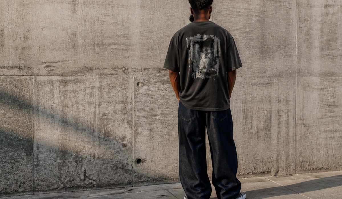 Washed streetwear-футболка з великою абстрактною графікою на спині