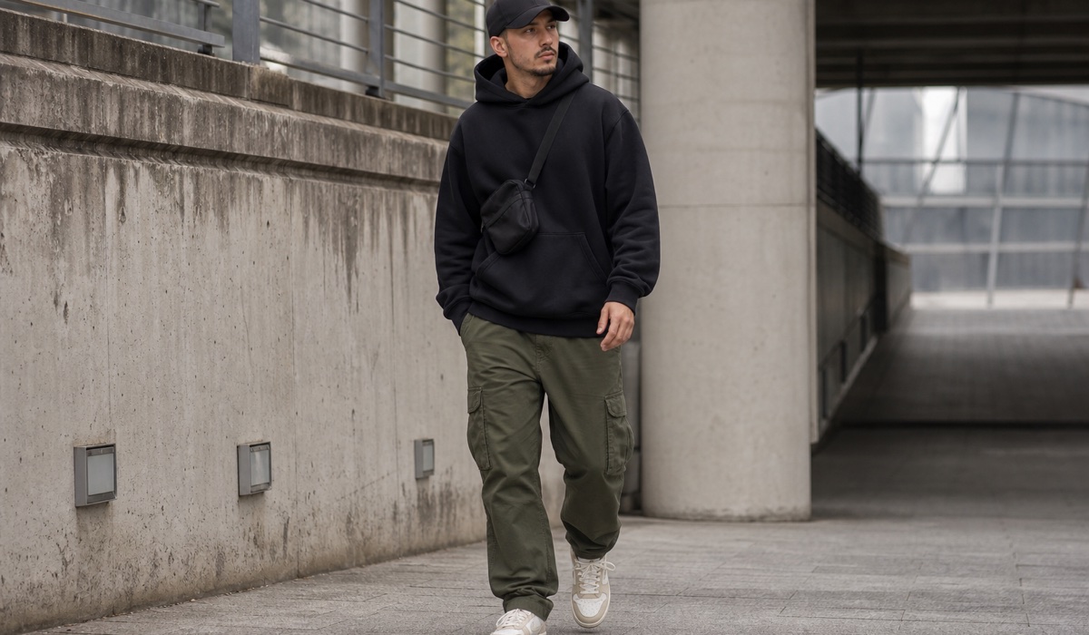 Streetwear-образ із чорним худі, оливковими карго та кросівками