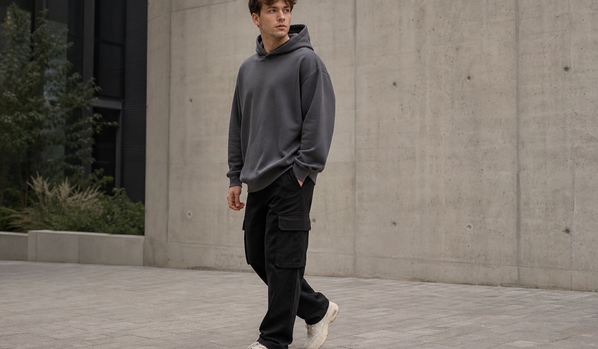 Городской streetwear-образ с чёрными карго, худи и кроссовками