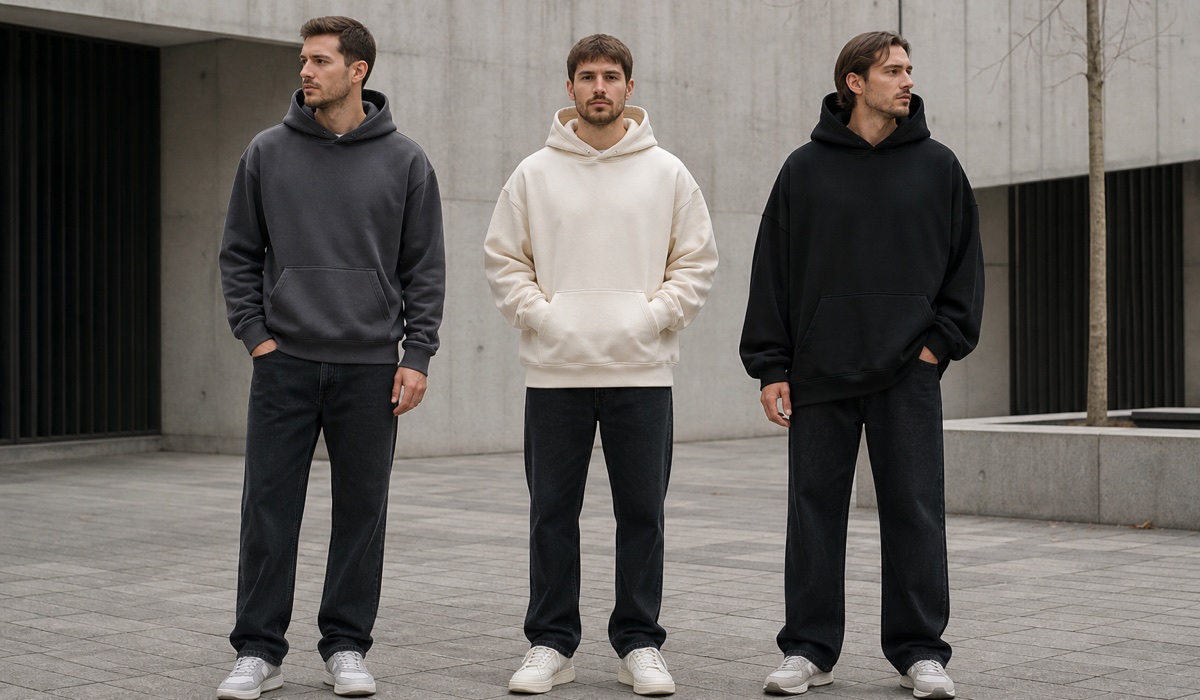 Сравнение посадки худи oversize, regular и relaxed на взрослых моделях