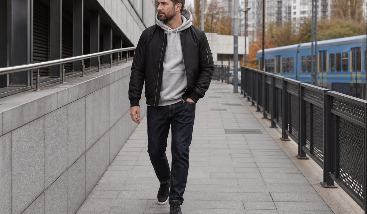 Regular худи в многослойном streetwear-образе с бомбером
