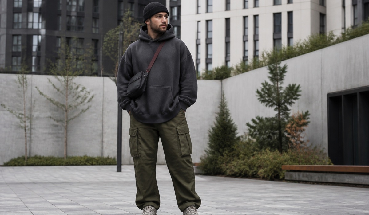 Взрослая модель в oversize худи и карго в городском streetwear-образе