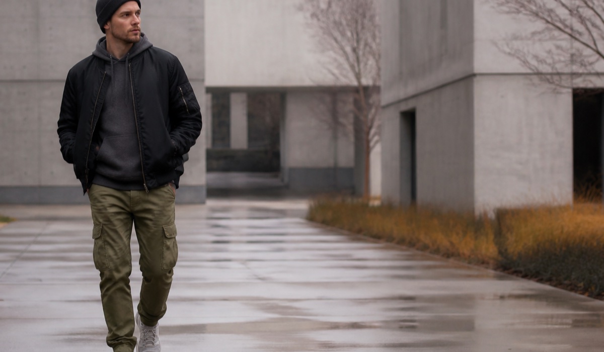 A man in a dark streetwear look with a hoodie, cargo bag, and sneakers in an autumn city