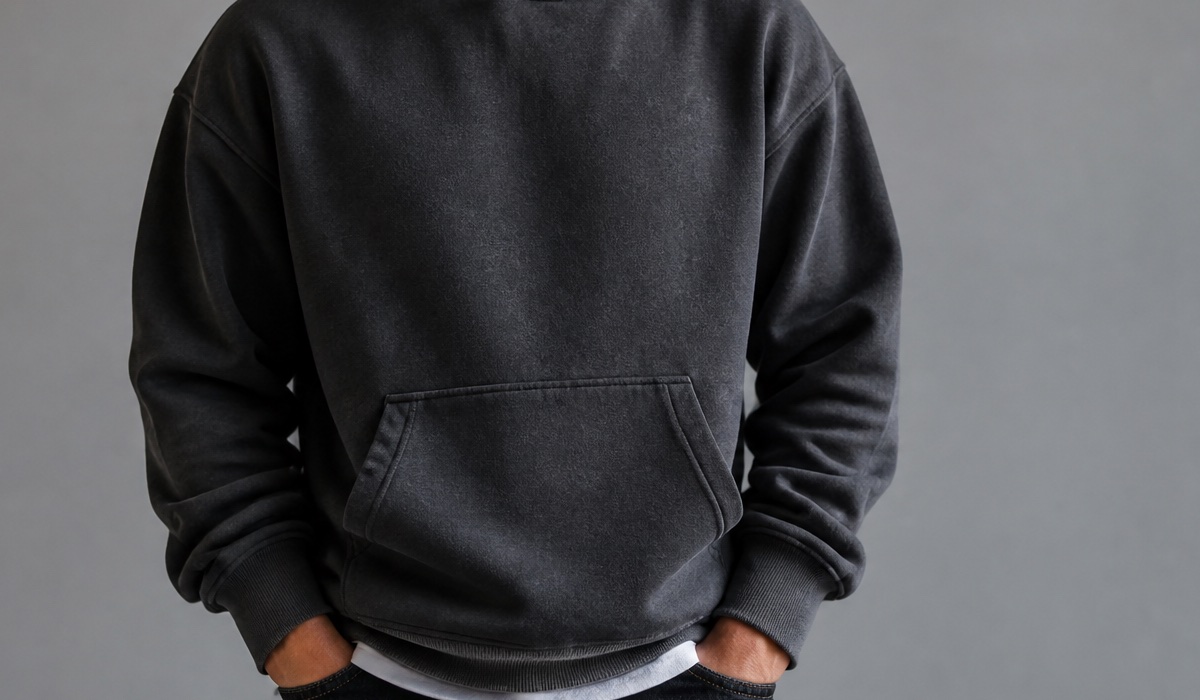 Close-up of a heavyweight graphite hoodie made of textured knit