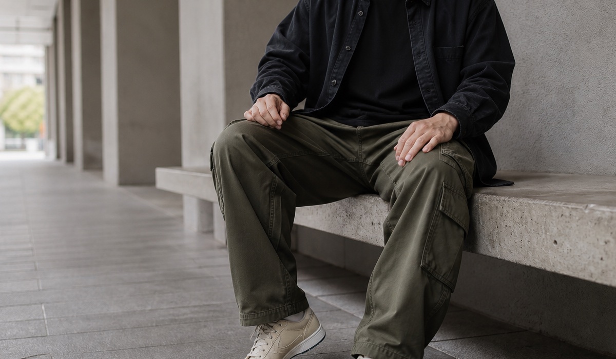 Men's streetwear look with olive cargo pants, dark denim, and sneakers