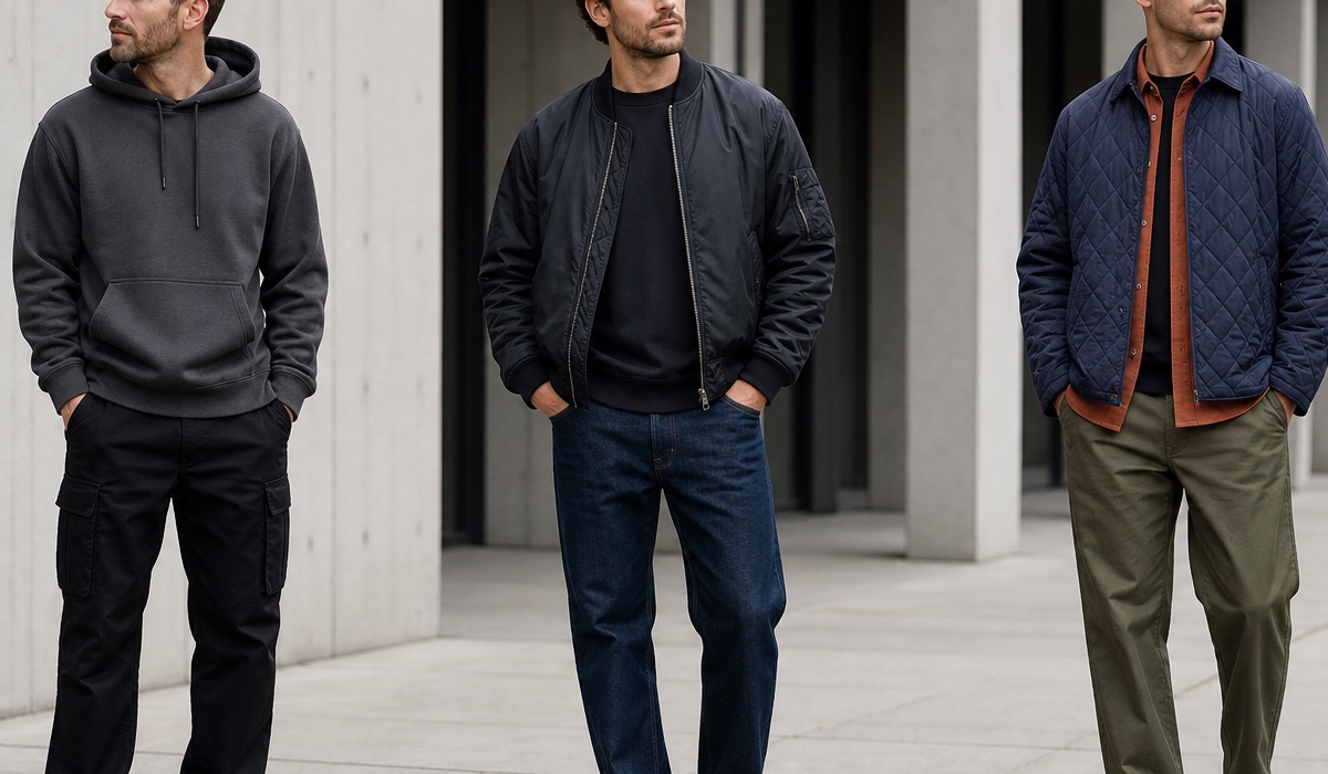 Three men's streetwear looks for fall and winter with a bomber, hoodie, and cargo jacket