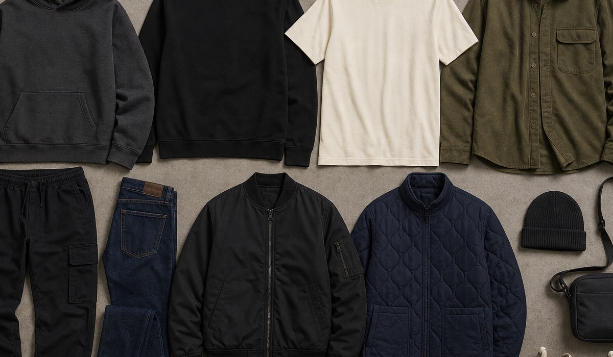 Capsule men's streetwear wardrobe with a hoodie, bomber jacket, cargo jacket, jeans, and sneakers