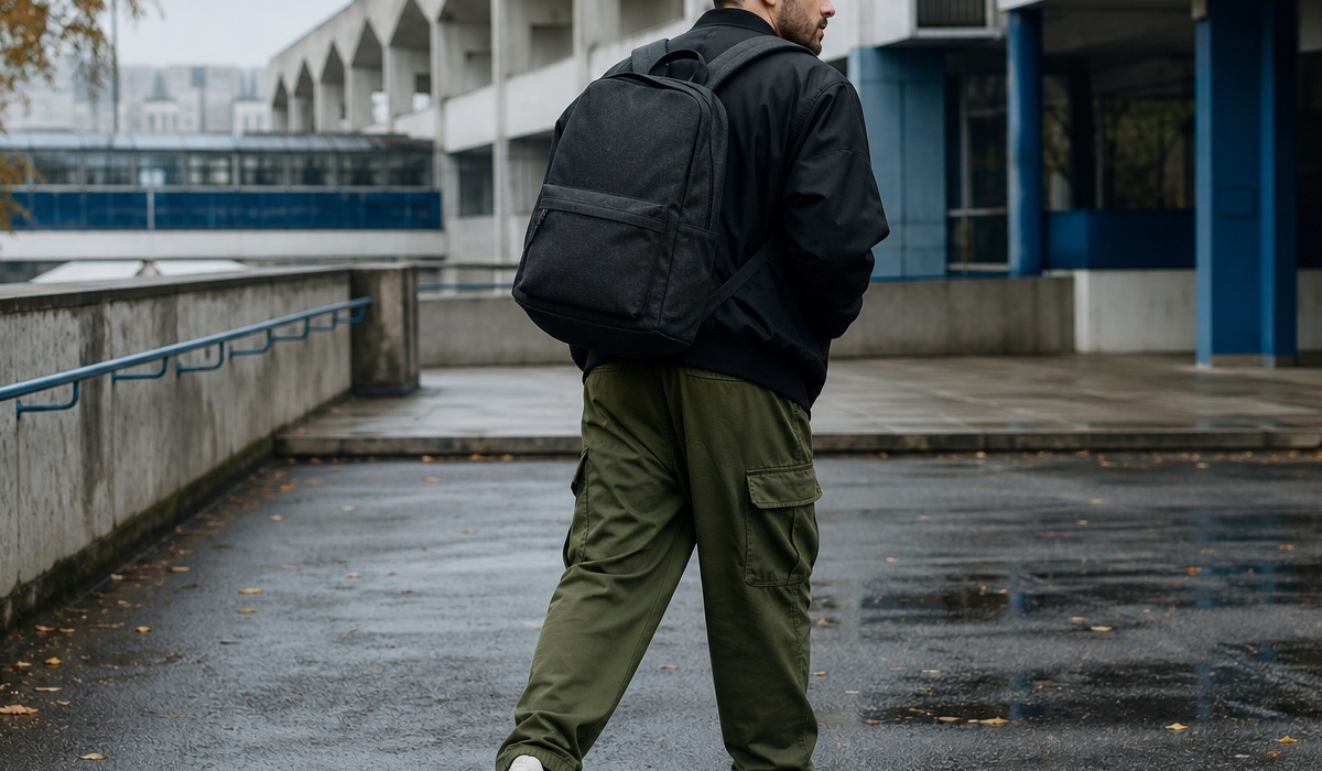Дорослий у streetwear-образі з міським рюкзаком у бетонному дворі