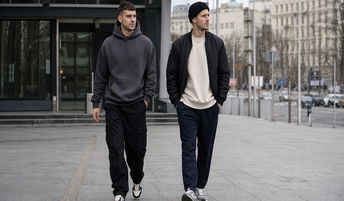 Streetwear образи з чоловічими штанами, худі та кросівками