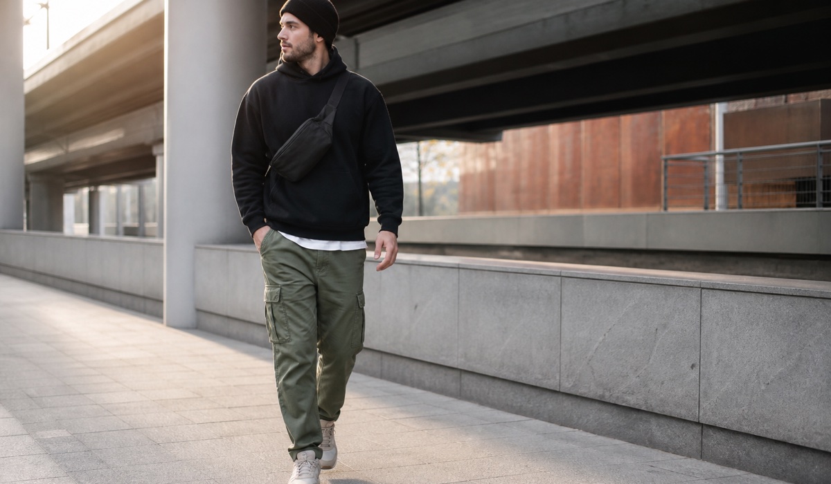 Streetwear-образ із худі, карго та сумкою через плече