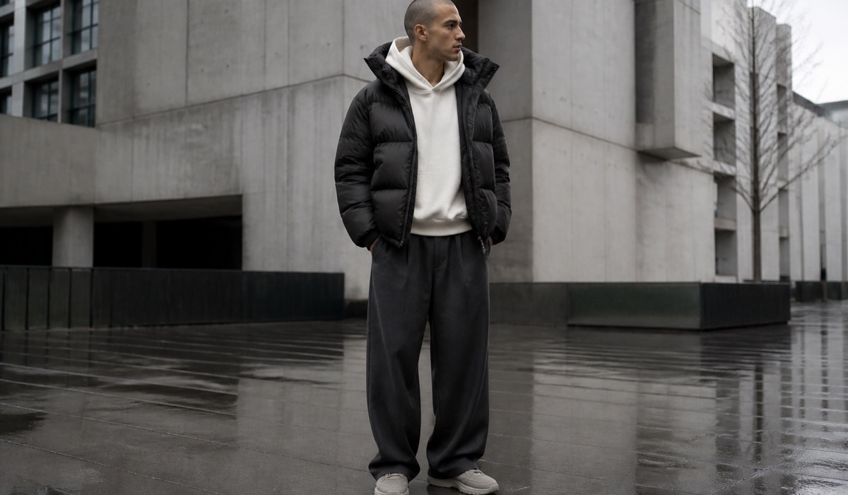 Streetwear образ на осінь і зиму 2026 2027 з курткою, худі та широкими штанами