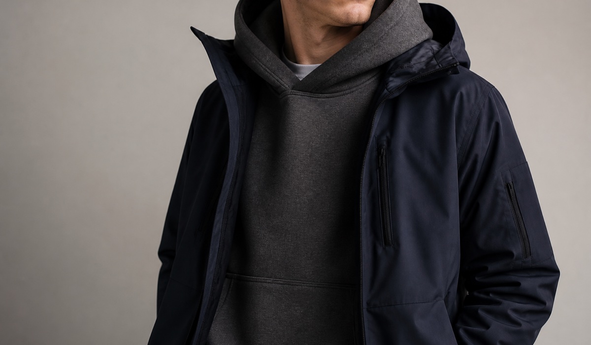 Щільне нейтральне худі в багатошаровому streetwear образі